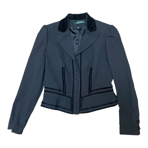 Vintage Ralph Lauren Black Velvet Trim Blazer Sz 6 Cropped Equestrian Academia - Picture 6 of 7